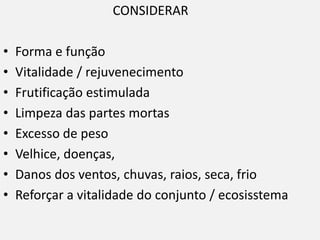 CONSIDERAR
• Forma e função
• Vitalidade / rejuvenecimento
• Frutificação estimulada
• Limpeza das partes mortas
• Excesso de peso
• Velhice, doenças,
• Danos dos ventos, chuvas, raios, seca, frio
• Reforçar a vitalidade do conjunto / ecosisstema
 
