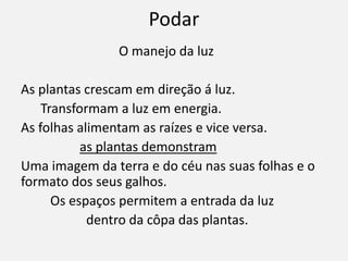 Podar
O manejo da luz
As plantas crescam em direção á luz.
Transformam a luz em energia.
As folhas alimentam as raízes e vice versa.
as plantas demonstram
Uma imagem da terra e do céu nas suas folhas e o
formato dos seus galhos.
Os espaços permitem a entrada da luz
dentro da côpa das plantas.
 