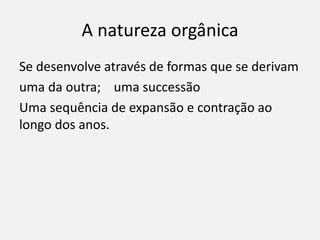 A natureza orgânica
Se desenvolve através de formas que se derivam
uma da outra; uma successão
Uma sequência de expansão e contração ao
longo dos anos.
 