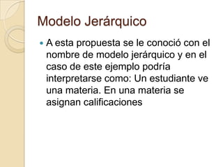 Modelo JerárquicoA esta propuesta se le conoció con el nombre de modelo jerárquico y en el caso de este ejemplo podría interpretarse como: Un estudiante ve una materia. En una materia se asignan calificaciones