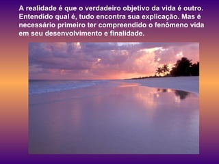 A realidade é que o verdadeiro objetivo da vida é outro. Entendido qual é, tudo encontra sua explicação. Mas é necessário primeiro ter compreendido o fenômeno vida em seu desenvolvimento e finalidade.  