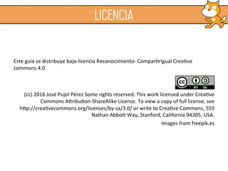 Este
guía
se
distribuye
bajo
licencia
Reconocimiento-‐
Compar9rIgual
Crea9ve
commons
4.0
(cc)
2016
José
Pujol
Pérez
Some
rights
reserved.
This
work
licensed
under
Crea9ve
Commons
ANribu9on-‐ShareAlike
License.
To
view
a
copy
of
full
license,
see
hNp://crea9vecommons.org/licenses/by-‐sa/3.0/
or
write
to
Crea9ve
Commons,
559
Nathan
AbboN
Way,
Stanford,
California
94305,
USA.
Images
from
freepik.es
licencia