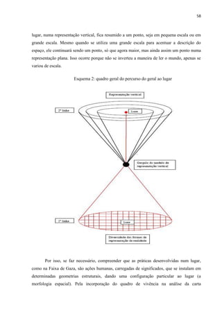 58



lugar, numa representação vertical, fica resumido a um ponto, seja em pequena escala ou em
grande escala. Mesmo quando se utiliza uma grande escala para acentuar a descrição do
espaço, ele continuará sendo um ponto, só que agora maior, mas ainda assim um ponto numa
representação plana. Isso ocorre porque não se inverteu a maneira de ler o mundo, apenas se
variou de escala.

                      Esquema 2: quadro geral do percurso do geral ao lugar




       Por isso, se faz necessário, compreender que as práticas desenvolvidas num lugar,
como na Faixa de Gaza, são ações humanas, carregadas de significados, que se instalam em
determinadas geometrias estruturais, dando uma configuração particular ao lugar (a
morfologia espacial). Pela incorporação do quadro de vivência na análise da carta
 