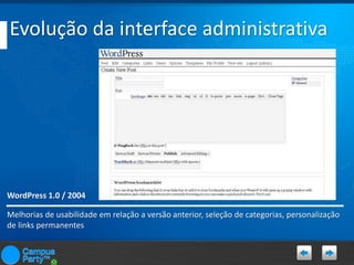 Evolução da interface administrativa

WordPress 1.0 / 2004
Melhorias de usabilidade em relação a versão anterior, seleção de categorias, personalização
de links permanentes

 