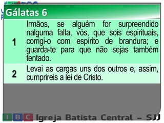 Gálatas 6
1
Irmãos, se alguém for surpreendido
nalguma falta, vós, que sois espirituais,
corrigi-o com espírito de brandura; e
guarda-te para que não sejas também
tentado.
2
Levai as cargas uns dos outros e, assim,
cumprireis a lei de Cristo.
 
