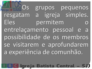 Os grupos pequenos
resgatam a igreja simples.
Eles permitem o
entrelaçamento pessoal e a
possibilidade de os membros
se visitarem e aprofundarem
a experiência de comunhão.
 