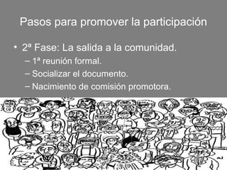 Pasos para promover la participación

• 2ª Fase: La salida a la comunidad.
  – 1ª reunión formal.
  – Socializar el documento.
  – Nacimiento de comisión promotora.
 