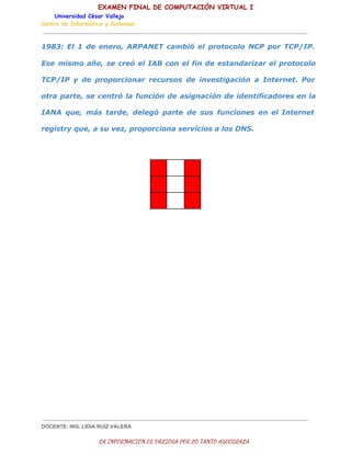EXAMEN FINAL DE COMPUTACIÓN VIRTUAL I
Universidad César Vallejo
Centro de Informática y Sistemas

1983: El 1 de enero, ARPANET cambió el protocolo NCP por TCP/IP.
Ese mismo año, se creó el IAB con el fin de estandarizar el protocolo
TCP/IP y de proporcionar recursos de investigación a Internet. Por
otra parte, se centró la función de asignación de identificadores en la
IANA que, más tarde, delegó parte de sus funciones en el Internet
registry que, a su vez, proporciona servicios a los DNS.

DOCENTE: ING. LIDIA RUÍZ VALERA

LA INFORMACIÓN ES VALIOSA POR LO TANTO ASEGÚRALA

 