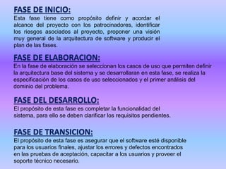 FASE DE INICIO:
Esta fase tiene como propósito definir y acordar el
alcance del proyecto con los patrocinadores, identificar
los riesgos asociados al proyecto, proponer una visión
muy general de la arquitectura de software y producir el
plan de las fases.
FASE DE ELABORACION:
En la fase de elaboración se seleccionan los casos de uso que permiten definir
la arquitectura base del sistema y se desarrollaran en esta fase, se realiza la
especificación de los casos de uso seleccionados y el primer análisis del
dominio del problema.
FASE DEL DESARROLLO:
El propósito de esta fase es completar la funcionalidad del
sistema, para ello se deben clarificar los requisitos pendientes.
FASE DE TRANSICION:
El propósito de esta fase es asegurar que el software esté disponible
para los usuarios finales, ajustar los errores y defectos encontrados
en las pruebas de aceptación, capacitar a los usuarios y proveer el
soporte técnico necesario.
 