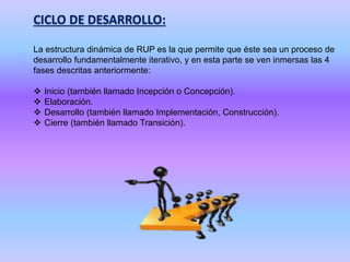 CICLO DE DESARROLLO:
La estructura dinámica de RUP es la que permite que éste sea un proceso de
desarrollo fundamentalment...