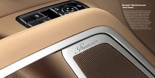 When two iconic German companies join forces, the result is
quite special. We’re referring to Porsche and Berlin-based
Burmester®
, one of the most respected manufacturers
of high-end audio equipment worldwide. The optional
Burmester®
High-End Surround Sound System owes
its eminence to countless details, and one goal:
perfection in sound. The system has a 12-channel
amplifier with a total output of more than 821 watts,
12 loudspeakers including an active subwoofer
with 300-watt class D amplifier, a total
diaphragm area of more than 1,340 cm²,
and a frequency range of 35 Hz to 20 kHz.
Burmester®
High-End Surround
Sound System.
 