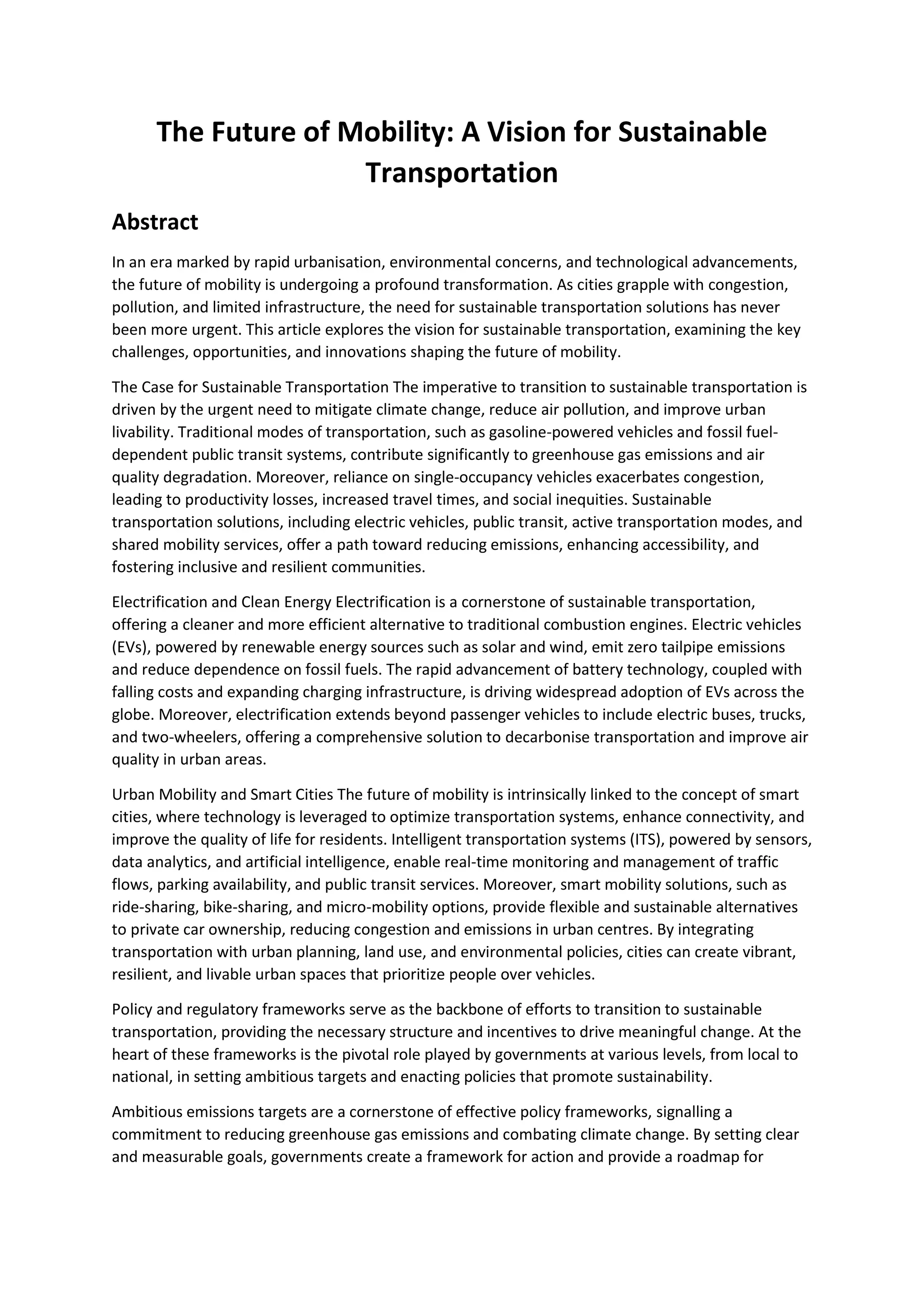 The Future of Mobility: A Vision for Sustainable Transportation | PDF