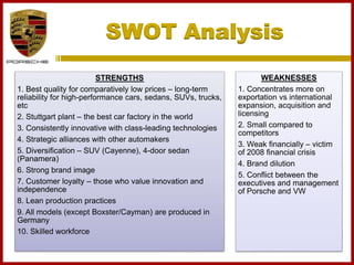 SWOT Analysis
23
STRENGTHS
1. Best quality for comparatively low prices – long-term
reliability for high-performance cars, sedans, SUVs, trucks,
etc
2. Stuttgart plant – the best car factory in the world
3. Consistently innovative with class-leading technologies
4. Strategic alliances with other automakers
5. Diversification – SUV (Cayenne), 4-door sedan
(Panamera)
6. Strong brand image
7. Customer loyalty – those who value innovation and
independence
8. Lean production practices
9. All models (except Boxster/Cayman) are produced in
Germany
10. Skilled workforce
WEAKNESSES
1. Concentrates more on
exportation vs international
expansion, acquisition and
licensing
2. Small compared to
competitors
3. Weak financially – victim
of 2008 financial crisis
4. Brand dilution
5. Conflict between the
executives and management
of Porsche and VW
 