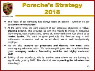 Porsche’s Strategy
2018
45
 The focus of our company has always been on people – whether it’s our
customers or employees.
 At the same time, the core element of our corporate objectives is value-
creating growth. This provides us with the means to invest in innovative
technologies, new products and, above all, in our workforce. Our aim is to be
market leader. We want to grow profitably the Porsche way – with
enthusiastic customers and as an excellent, social and family-friendly
employer.
 We will also improve our processes and develop new ones, while
ensuring a good rate of return. We have everything we need to achieve these
goals: emerging markets, fascinating vehicles and highly motivated
staff.
 Talking of our workforce, this is another area where we are looking to
significantly grow by 2018. This also includes expanding the infrastructure
accordingly.
 