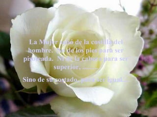 La Mujer salió de la costilla del
 hombre. No de los pies para ser
pisoteada. Ni de la cabeza para ser
          superior, .........
Sino de su costado, para ser igual....
 
