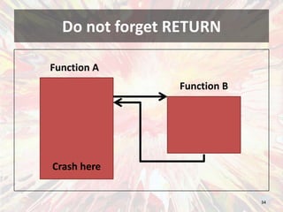 Do not forget RETURN<br />34<br />Function A<br />Function B<br />Crash here<br />