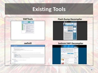 Existing Tools<br />SWFTools<br />Flash Dump Decompiler<br />swfmill<br />Sothink SWF Decompiler<br />9<br />