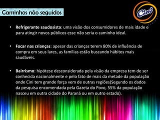 Caminhos não seguidos

  • Refrigerante saudosista: uma visão dos consumidores de mais idade e
    para atingir novos públicos esse não seria o caminho ideal.

  • Focar nas crianças: apesar das crianças terem 80% de influência de
    compra em seus lares, as famílias estão buscando hábitos mais
    saudáveis.

  • Bairrismo: hipótese desconsiderada pela visão da empresa tem de ser
    conhecida nacionalmente e pelo fato de mais da metade da população
    onde Cini tem grande força vem de outras regiões(Segundo os dados
    da pesquisa encomendada pela Gazeta do Povo, 55% da população
    nasceu em outra cidade do Paraná ou em outro estado).
 
