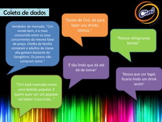 Coleta de dados
                                 "Gosto de Cini, dá para
   Vendedor de mercado: "Cini       fazer uns drinks
       vende bem, é o mais              ótimos."
    consumido entre os seus
  concorrentes da mesma faixa                               “Parece refrigerante
   de preço. Chefes de família                                    barato”
  compram e adultos de classe
     alta gostam bastante do
    Gengibirra. Os jovens não
         compram tanto."
                                  'É tão lindo que dá até
                                       dó de tomar'
                                                              'Nossa que cor legal,
                                                              ficaria lindo um drink
     “Cini está marcada como                                            assim'
      uma bebida popular. E
    quem quer ser um popstar
      vai beber Coca-Cola...”
 
