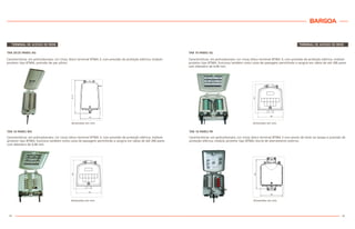 TERMINAL DE ACESSO DE REDE
34
TERMINAL DE ACESSO DE REDE
BARGOA
35
TAR 20/25 PARES AG
Características: em policarbonato; cor cinza; bloco terminal BTMA 3; com previsão de proteção elétrica; módulo
protetor tipo BTMA; previsão de par piloto.
dimensões em mm
TAR 10 PARES MX
dimensões em mm
Características: em policarbonato; cor cinza; bloco terminal BTMA 3; com previsão de proteção elétrica; módulo
protetor tipo BTMA; funciona também como caixa de passagem permitindo a sangria em cabos de até 200 pares
com diâmetro de 0,40 mm.
TAR 10 PARES SG
dimensões em mm
TAR 10 PARES PR
dimensões em mm
Características: em policarbonato; cor cinza; bloco terminal BTMA 3 com ponto de teste na tampa e previsão de
proteção elétrica; módulo protetor tipo BTMA; borne de aterramento externo.
Características: em policarbonato; cor cinza; bloco terminal BTMA 3; com previsão de proteção elétrica; módulo
protetor tipo BTMA; funciona também como caixa de passagem permitindo a sangria em cabos de até 200 pares
com diâmetro de 0,40 mm.
 