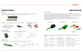 6
BARGOA
7
BLOCOS DE DISTRIBUIÇÃO
BASTIDOR
O bastidor pode ser fornecido em diversos tamanhos, conforme a necessidade do cliente. Ele apresenta barra
adaptadora, que permite sua fixação em estruturas de DGs existentes na Central.
Ferramenta de Conexão BTDG Testador Retrátil, Clavilha de Corte
e Sinalização
Abas laterais e Tampa de Identificação
Diagramas Elétricos dos componentes:Testador de Módulos MPDG
BTDG SPLIT (ADSL)
MPDG R MPDG N
Splitter de central telefônica desenvolvido para aplicação nos Blocos BTDG em redes ADSL.
PROTEÇÃO ELÉTRICA
BLOCOS DE DISTRIBUIÇÃO
PROTEÇÃO ELÉTRICA
O módulo protetor MPDG é um produto destinado à aplicação em blocos terminais BTDG, com a finalidade
de prover proteção elétrica necessária aos equipamentos da rede de telecomunicações. Pode ser produzido
de acordo com as necessidades do usuário e equipado com centelhadores a gás ou com pastilhas de estado sólido
para proteção contra sobretensões, e PTCs para a proteção contra sobrecorrentes.
O corpo plástico do MPDG é injetado em material retardante de chamas, o que lhe confere resistência contra
condições mais severas de operação, não deformando e nem expondo os componentes internos.
O MPDG permite o acoplamento de testador ou cordão de teste na região traseira, sem a necessidade de
remoção do bloco terminal.
Módulo MPDG R Módulo MPDG N Módulos Acessórios
O Módulo Protetor MPDG se apresenta em diversas configurações. A tabela informa o detalhamento de cada
uma delas:
Módulo Tecnologia Faixa de Operação Tipo de Proteção
MPDG Slim RG
Centelhador a gás Tensões de 200 a 300 Vcc Contra sobretensão (paralela)
PTC Corrente nominal 120mA Contra sobrecorrente auto-regenerável (série)
MPDG Slim RS
Estado Sólido Tensões de 200 a 300 Vcc Contra sobretensão (paralela)
PTC Corrente nominal 120mA Contra sobrecorrente auto-regenerável (série)
MPDG Slim NG Centelhador a gás Tensões de 200 a 300 Vcc Contra sobretensão (paralela)
MPDG Slim NS Estado Sólido Tensões de 200 a 300 Vcc Contra sobretensão (paralela)
MC amarelo
MC vermelho
MA cinza
 