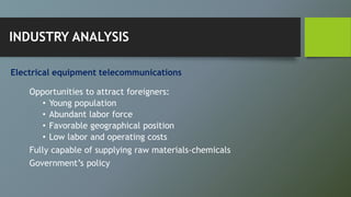 Electrical equipment telecommunications
Opportunities to attract foreigners:
• Young population
• Abundant labor force
• Favorable geographical position
• Low labor and operating costs
Fully capable of supplying raw materials-chemicals
Government’s policy
INDUSTRY ANALYSIS
 
