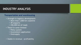 Transportation and warehousing
• Strength in logistics development:
• More than 3,000 km coastline
• 49 seaports
• 250,000 km of roads
• There’re some limited:
• Policy system
• Inconsistent application
• Oversupply
• Stable in revenue - profitability
INDUSTRY ANALYSIS
 
