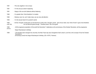 1991          - The only negative in me is resus

1991          - I’m the one you weren’t expecting

1991          - Happy is the one who believes without believing

1992          - I’m greater than I think therefore I’m modest.

1992          - Nobody, even me, can’t make news, we can only call attention

1994          - I’m the sexual result of my parent’s wants

1994          - At first I thought I would grow up and become an artist, then I thought I would grow into an idiot, now I think I’ll die if I grow more therefore
until I die                       I’ve not become great enough. Therefore when I die I’ll be great.

1994           - All the regressive population of the world the November 7 celebrates as the anniversary of the October Revolution, all the progressive
one as
               Grigor Khachatryan’s birthday

1994           - The temples were changed into churches, the New Years day was changedinto Saint Johan’s, and this is the concept of how the October
                Revolution’s
                anniversary turned into Grigor Khachatryan’s birthday (EX- VOTO, Yerevan)
 