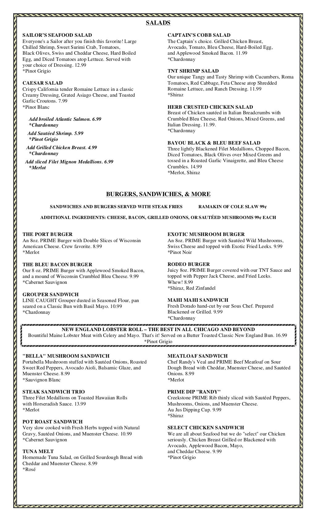 Port Edward Restaurant Lunch Menu