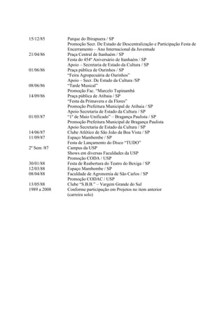 15/12/85      Parque do Ibirapuera / SP
              Promoção Secr. De Estado de Descentralização e Participação Festa de
              Encerramento – Ano Internacional da Juventude
21/04/86      Praça Central de Itanhaém / SP
              Festa do 454º Aniversário de Itanhaém / SP
              Apoio – Secretaria de Estado da Cultura / SP
01/06/86      Praça pública de Ourinhos / SP
              “Feira Agropecuária de Ourinhos”
              Apoio – Secr. De Estado da Cultura /SP
08/06/86      “Tarde Musical”
              Promoção Fac. “Marcelo Tupinambá
14/09/86      Praça pública de Atibaia / SP
              “Festa da Primavera e da Flores”
              Promoção Prefeitura Municipal de Atibaia / SP
              Apoio Secretaria de Estado da Cultura / SP
01/05/87      “1º de Maio Unificado” – Bragança Paulista / SP
              Promoção Prefeitura Municipal de Bragança Paulista
              Apoio Secretaria de Estado da Cultura / SP
14/06/87      Clube Atlético de São João da Boa Vista / SP
11/09/87      Espaço Mambembe / SP
              Festa de Lançamento do Disco “TUDO”
2º Sem /87    Campus da USP
              Shows em diversas Faculdades da USP
              Promoção CODA / USP
30/01/88      Festa de Reabertura do Teatro do Bexiga / SP
12/03/88      Espaço Mambembe / SP
08/04/88      Faculdade de Agronomia de São Carlos / SP
              Promoção CODAC / USP
13/05/88      Clube “S.B.B.” – Vargem Grande do Sul
1989 a 2008   Conforme participação em Projetos no item anterior
              (carreira solo)
 