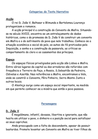 Categorias do Texto Narrativo

Acção
     O rei D. João V, Baltasar e Blimunda e Bartolomeu Lourenço
protagonizam o romance.
     A acção principal é a construção do Convento de Mafra. Situando-
se no século XVIII, encontra-se um entrelaçamento de dados
históricos, como o da promessa de D. João V de construir um convento
em Mafra e o do sofrimento do povo que nele trabalhou. Conhece-se a
situação económica e social do país, os autos-de-fé praticados pela
Inquisição, o sonho e a construção da passarola, as críticas ao
comportamento do clero e os casamentos dos príncipes.

Espaço
    Os espaços físicos priveligiados pela acção são Lisboa e Mafra.
Entre vários lugares da capital ou dos arredores são referidos com
frequência o Terreiro do Paço, o Rossio, S.Sebastião da Pedreira,
Odivelas e Azeitão. Nas referências a Mafra, encontramos a Vela,
onde se constrói o Convento, Pêro Pinheiro, Serra Monte Junto e
outros locais.
    O Alentejo surge como um espaço social importante, na medida
em que permite conhecer-se a miséria que então o povo passava.




                              Personagens

D. João V
     É megalómano, infantil, devasso, libertino e ignorante, que não
hesita em utilizar o povo, o dinheiro e a posição social para satisfazer
os seus caprichos.
     Anda preocupado com a falta de descendente, apesar de possuir
bastardos. Promete levantar um Convento em Mafra se tiver filhos da
 