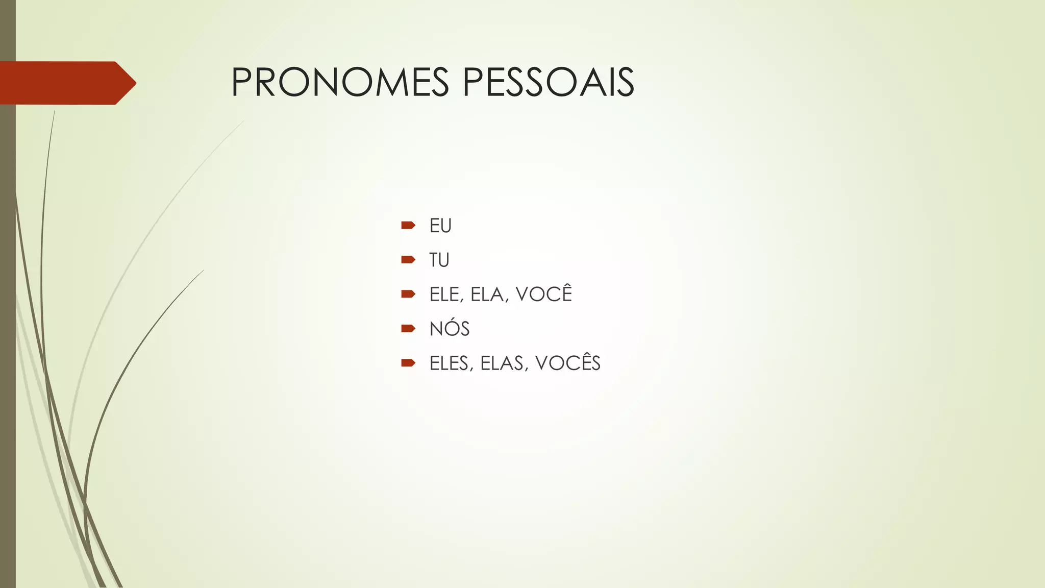 PRONOMES PESSOAIS
EU
TU
ELE, ELA, VOCÊ
NÓS
ELES, ELAS, VOCÊS