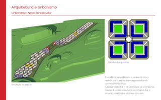 A cidade foi pensada para o pedestre, com o
interior das quadras abertas, possibilitando
caminhos mais curtos.
Outra prioridade é a de valorização do transporte
coletivo. A cidade possúi uma via arterial, que a
circunda, onde todos os ônibus circulam.
Urbanismo: Nova Teresópolis
Detalhe das quadras
Simulação da cidade
Arquitetura e Urbanismo
 
