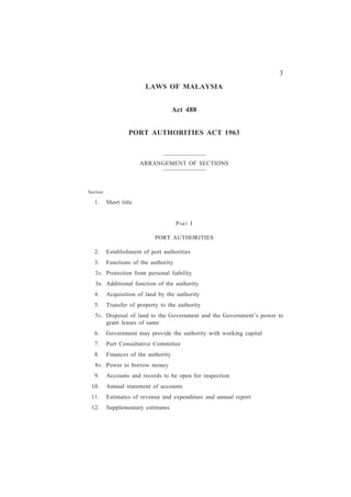 3
                         LAWS OF MALAYSIA


                                      Act 488


                   PORT AUTHORITIES ACT 1963



                        ARRANGEMENT OF SECTIONS



Section

   1.     Short title


                                       PART I

                             PORT AUTHORITIES

   2.     Establishment of port authorities
   3.     Functions of the authority
   3A . Protection from personal liability
   3B . Additional function of the authority
   4.     Acquisition of land by the authority
   5.     Transfer of property to the authority
   5A . Disposal of land to the Government and the Government’s power to
        grant leases of same
   6.     Government may provide the authority with working capital
   7.     Port Consultative Committee
   8.     Finances of the authority
   8A . Power to borrow money
   9.     Accounts and records to be open for inspection
 10.      Annual statement of accounts
 11.      Estimates of revenue and expenditure and annual report
 12.      Supplementary estimates
 
