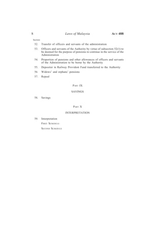 8                             Laws of Malaysia                        A CT 488
Section

    52.   Transfer of officers and servants of the administration
    53.   Officers and servants of the Authority by virtue of subsection 52(1) to
          be deemed for the purpose of pensions to continue in the service of the
          Administration
    54.   Proportion of pensions and other allowances of officers and servants
          of the Administration to be borne by the Authority
    55.   Depositor in Railway Provident Fund transferred to the Authority
    56.   Widows’ and orphans’ pensions
    57.   Repeal


                                     P ART IX

                                   SAVINGS

    58.   Savings


                                     PART X

                              INTERPRETATION

    59.   Interpretation
          FIRST SCHEDULE
          SECOND SCHEDULE
 