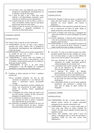 2

1-1) em todo o texto, está subjacente certa crítica às
perspectivas marcadamente metalinguísticas de
se abordar o estudo de uma língua.
2-2) o texto dá lugar a que o leitor faça certas
reflexões e tire determinadas conclusões: assim,
acaba por ser também um texto argumentativo.
3-3) a autora prima por ser fiel aos fatos e, assim, os
conta com detalhes, embora cada um seja apenas
pretexto para lances de outra ordem.
4-4) embora se trate de um texto com indícios de ser
autobiográfico, o parágrafo introdutório se
concentra em observações gerais.
GABARITO: FVVVV
JUSTIFICATIVAS:
0-0) FALSA. Não se trata de um texto informativo.
1-1) VERDADEIRA. De fato, em todo o texto, pode-se
perceber uma crítica, embora sutil, às perspectivas
marcadamente metalinguísticas que predominam no
estudo das línguas.
2-2)VERDADEIRA. O texto tem um caráter argumentativo
no sentido de que leva o leitor a fazer certas
reflexões sobre a questão em foco.
3-3) VERDADEIRA. A autora conta com detalhes as
experiências vividas com um e outro professor, o que,
na verdade, é apenas pretexto para pôr em evidência o
ponto que ela quer ressaltar.
4-4) VERDADEIRA. O texto é, de certa forma,
autobiográfico, o que não impediu de o parágrafo
introdutório se concentrar em observações gerais.

2. Conforme as ideias expressas no Texto 1, podemos
concluir que:
0-0) as atividades propostas em sala de aula
remontam às perspectivas e aos interesses que
alunos e professores trazem previamente
consigo.
1-1) em todas as experiências escolares relatadas pela
autora, suas expectativas de poder chegar ao
mundo da literatura foram seguidamente
frustradas.
2-2) a conjugação dos verbos, desde que sejam os de
uso mais comuns, constitui, de fato, um recurso
pedagógico de grande eficácia.
3-3) os professores de línguas, se forem nativos, têm
mais garantias de levar os alunos a patamares
mais especializados de uso da língua.
4-4) predomina no parágrafo conclusivo do texto um
tom visivelmente pessoal, de pena e lamento,
sinalizado também pelos pontos de exclamação.

GABARITO: FVFFV
JUSTIFICATIVAS:
0-0) FALSA. Segundo o relato da autora, os interesses dos
alunos não eram levados em conta: “Ninguém estava
pensando em versos ingleses: nem mesmo a
professora”.
1-1) VERDADEIRA. Cada experiência relatada dá conta de
que as expectativas da autora de poder chegar ao
mundo da literatura eram todas frustradas.
2-2) FALSA. O próprio texto atesta que a conjugação dos
verbos não constitui um recurso pedagógico de grande
eficácia.
3-3) FALSA. Igualmente, o relato da autora comprova que
o fato de os professores de línguas serem nativos não
garante o êxito do ensino.
4-4) VERDADEIRA. É visível, no parágrafo conclusivo do
texto, um tom pessoal de pena e lamento: E quanto
tempo se pode levar para se chegar a um poeta!

3. No trecho: “E como eu já sabia um pouco de verbos,
passamos àquelas frases em que o chapéu ora é nosso,
ora é da nossa prima, e o gato ora está embaixo da
mesa ora em cima da cadeira”, fica evidente:
0-0) uma referência às práticas escolares que se
satisfazem em compor enunciados possíveis,
embora desligados de um contexto real.
1-1) a preferência pelo ensino centrado em ‘treinos’
que, de tão repetitivos, já são parte fixa e
previsível do repertório escolar.
2-2) o
interesse
do
ensino
de
abordar,
gramaticalmente, os fatos da experiência verbal
em suas alternativas de uso mais significativos.
3-3) a intenção da autora de corroborar sua percepção
de que existe um ensino de língua centrado em
irrelevâncias.
4-4) a dificuldade inerente ao uso de certas categorias
gramaticais, que constituem o caminho mais
curto para se chegar ao pleno usufruto da
linguagem.

GABARITO: VVFVF
JUSTIFICATIVAS:
0-0) VERDADEIRA. De fato, o trecho citado retoma a
habitual prática escolar de compor enunciados
desligados de um contexto comunicativo real.
1-1) VERDADEIRA. Outra vez, o trecho citado pode ser
visto como uma crítica ao ensino centrado em
‘treinos’. De tanto serem repetidos já fazem parte do
repertório escolar.
2-2) FALSA. Pelo contrário, como atesta o texto em
análise, a abordagem feita na escola não privilegia a
experiência verbal em seus usos sociais mais
significativos.

 