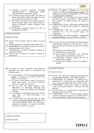6

1-1) “Algumas
invenções
pareciam
destinadas
irremediavelmente à obsolescência quando
experimentaram um espetacular retorno”.
2-2) “É preciso correr atrás do tempo. Ou correr na
frente, ainda melhor. Chegar antes dele, fazer uma
hora em menos de uma hora, eis o ideal”.
3-3) “De repente um monte de gente percebeu que tem
pressa, não pode esperar, que é urgente chamar, é
urgente ser chamado, é urgente, é urgente, é tudo
tão urgente...”
4-4) “Comunicados realmente urgentes não são um
acontecimento cotidiano”.
GABARITO: FFVVF
JUSTIFICATIVAS:
0-0) FALSA. Não há nenhum ‘efeito de ênfase’ no trecho
citado.
1-1) FALSA. Igualmente, a afirmação é feita simplesmente.
2-2) VERDADEIRA. É visível pela recorrência dos termos a
pretensão de ênfase desse trecho.
3-3) VERDADEIRA. A própria formulação sintática do
enunciado é enfática.
4-4) FALSA. Não há recursos com efeitos de ênfase no
trecho citado.

12. Em relação aos nexos semânticos entre diferentes
segmentos do texto, analise a consistência das
indicações abaixo.
0-0) “As coisas chegam e vão embora com impressionante

rapidez.” (O segmento em destaque exprime uma
relação de causalidade).
1-1) “É preciso correr atrás do tempo. Ou correr na
frente, ainda melhor”. (O conectivo sublinhado
sinaliza um sentido de alternância).
2-2) “Se as coisas não andam depressa, ficam
aborrecidas.” (A informação introduzida pelo
conectivo expressa uma condição da informação
principal).
3-3) “os celulares se multiplicam como saúvas, brotam
como capim.” (A relação pretendida é de
comparação).
4-4) “E porque tinha uma outra percepção do tempo
conseguiu, mesmo num território do efêmero como
o da música popular, deixar uma obra que o
ultrapassa, em duração”. (O segmento sublinhado
expressa um sentido de concessão).

0-0) FALSA. O segmento sublinhado em: “As coisas
chegam e vão embora com impressionante rapidez.” não
estabelece uma relação de causalidade e, sim, de modo:
‘vão embora muito rapidamente’.
1-1) VERDADEIRA. Em: “É preciso correr atrás do tempo.
Ou correr na frente, ainda melhor”, o sentido expresso
pelo conectivo em questão sinaliza um sentido de
alternância.
2-2) VERDADEIRA. De fato, a informação introduzida pelo
conectivo ‘se’ expressa uma condição da informação
principal.
3-3) VERDADEIRA. Neste caso, a relação semântica
pretendida com o uso do conectivo como é de
comparação.
4-4) VERDADEIRA. “O trecho intercalado – mesmo num
território do efêmero – tem um sentido de concessão.

13. Nos textos, por vezes, há segmentos que não podem ser
compreendidos inteiramente a não ser que se volte a
partes anteriores do texto, como se pode ver nos trechos
seguintes.
0-0) É preciso correr atrás do tempo.
1-1) O bambolê teve a mesma sorte.
2-2) Outras pareciam destinadas a um espetacular
retorno quando experimentaram o fracasso.
3-3) Comunicados realmente urgentes não são um
acontecimento cotidiano.
4-4) Centenas deles, milhares, entram em circulação a
cada dia.

GABARITO: FVVFV
JUSTIFICATIVAS:
0-0) FALSA. Não consta neste fragmento uma palavra cujo
entendimento esteja preso a uma referência anterior.
1-1) VERDADEIRA. No fragmento: “O bambolê teve a
mesma sorte”, é evidente que sua compreensão supõe
que se volte ao texto para saber de que ‘sorte’ se trata.
2-2) VERDADEIRA. Outras? Que outras? É necessário
voltar ao texto para identificar a referência feita pelo
pronome.
3-3) FALSA. Outra vez, a compreensão do enunciado não
depende de uma volta ao texto.
4-4) VERDADEIRA. Já em: “Centenas deles, milhares,
entram em circulação a cada dia”, é necessário voltar ao
texto para identificar a referência feita pelo pronome.

GABARITO: FVVVV
JUSTIFICATIVAS:

TIPO C

 