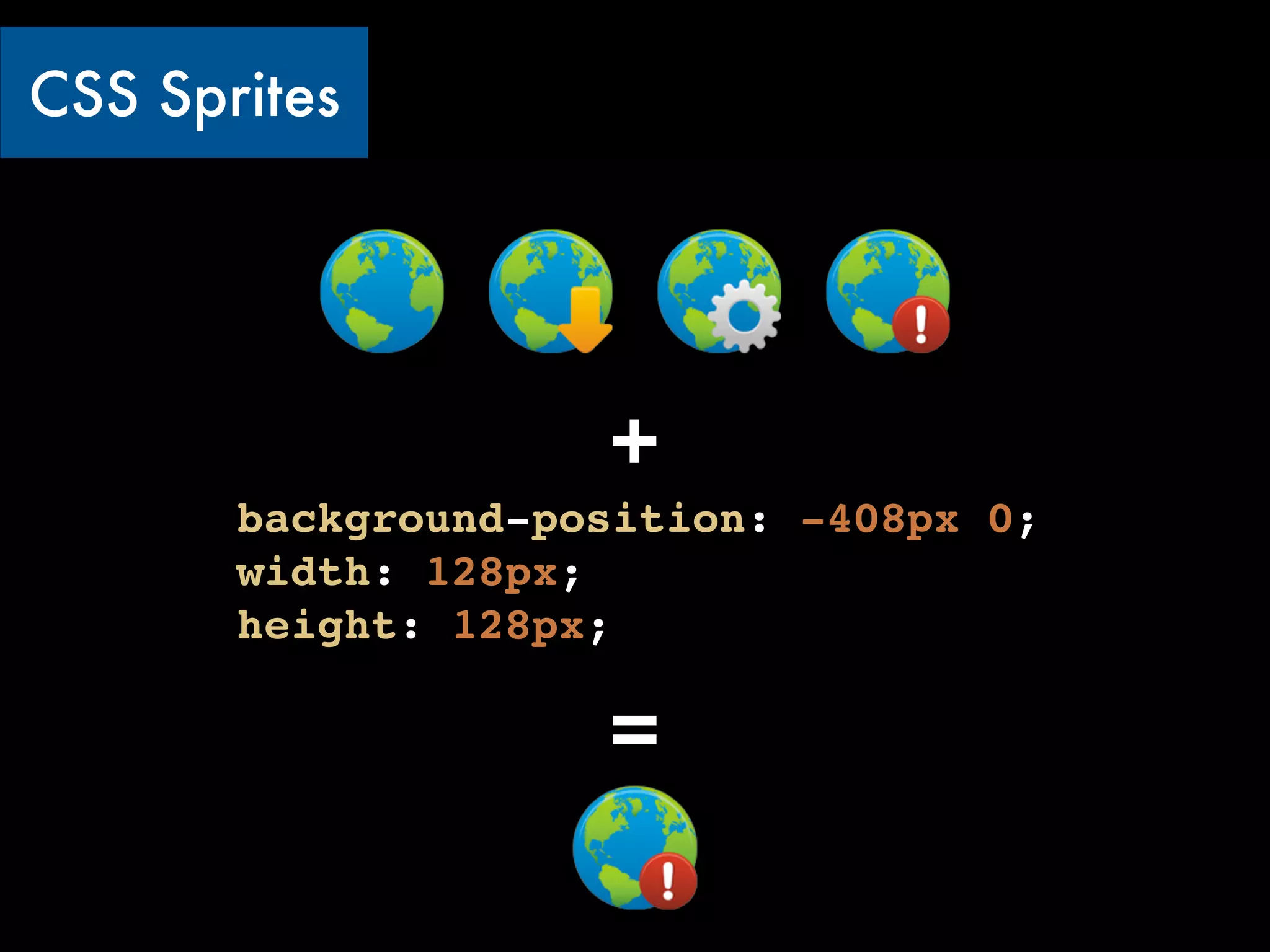 CSS Sprites




                    +
       background-position: -408px 0;
       width: 128px;
       height: 128px;

                    =
 