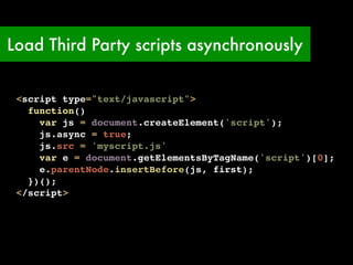 Load Third Party scripts asynchronously


 <script type="text/javascript">
   function()
     var js = document.createElement('script');
     js.async = true;
     js.src = 'myscript.js'
     var e = document.getElementsByTagName('script')[0];
     e.parentNode.insertBefore(js, first);
   })();
 </script>
 