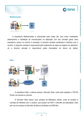 14
Multicamadas
A arquitetura Multicamadas é estruturada para poder dar uma maior mobilidade,
desempenho e facilidade de manutenções na aplicação. Em seu conceito geral, essa
arquitetura, possui no mínimo 3 camadas. A primeira camada contempla a interface com o
usuário. A segunda camada é responsável pelo tratamento da regra de negocio do aplicativo.
Já a terceira camada é responsável pelas transações do banco de dados.
Web
A arquitetura Web, o cliente acessa o Servidor Web, onde está instalado o TOTVS
Portal, via intranet ou internet.
O Servidor Web possui uma camada de Biblioteca cliente, onde se localiza a
camada de interface com o usuário, que acessa via WCF o Servidor de Aplicações. Este
por sua vez acessa ao Servidor de Banco de Dados via ADO.Net.
 