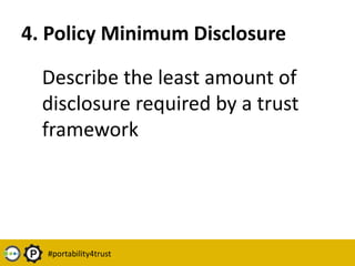 7 Portability4Trust DeliverablesA portability principles manifestoA portability policy pledgeA portability policy templateA portability policy minimum disclosureA portability policy minimum practiceA portability policy recommended practiceA portability glossary