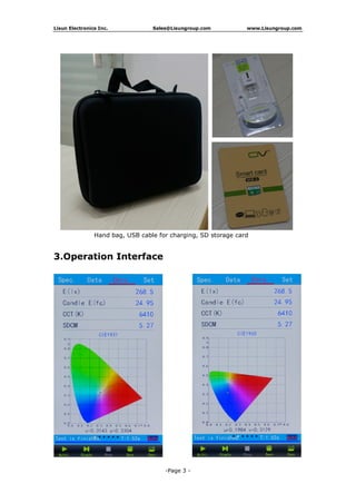 Lisun Electronics Inc. Sales@Lisungroup.com www.Lisungroup.com
-Page 3 -
Hand bag, USB cable for charging, SD storage card
3.Operation Interface
 