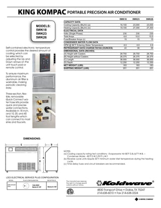MODELS:
4WK23
4WK26
KING KOMPAC PORTABLE PRECISION AIR CONDITIONER
4830 Transport Drive • Dallas,TX 75247
214-638-6010 • Fax 214-638-3324
The manufacturer reserves
the right to change specifi-
cations without notice.
Self-contained electronic temperature
control provides the desired amount of
cooling, which can
be selected by
adjusting the Up and
Down arrows on the
unit touch pad or
remote control.
To ensure maximum
performance, the
aluminum air filter is
washable, making
periodic cleaning
easy.
Three-section, flex-
ible, removable
Quick Connect wa-
ter hose kits provide
quick and precise
water connections.
Available in 18 inch,
and 10, 20, and 40
foot lengths which
can connect to most
sinks and faucets.
NOTES:
(A) Cooling capacity rating test conditions: Evaporator Air - 80° F D.B./67°F W.B.
Condenser Water - 85°F E.W.T./95°F L.W.T.
(B) Heating capacity rating test conditions: Evaporator Air - 70°F D.B./60°F W.B.
Condenser Water - 70°F E.W.T.
(C) Time delay fuses and circuit breakers are recommended.
(D) Reverse cycle units require 50°F minimum water inlet temperature during the heating cycle.
(E) Total pressured drop for unit with Water Regulating Valve is sum of Condenser Coil and Water Valve Pressure
Drop.
	 4WK23	 4WK26
CAPACITY	DATA
Cooling	Capacity	(btu)	(A)	 23,200	 26,000
Heating	Capacity	(btu)	(B)		(D)	 31,000	 31,000
Evaporator-CFM	@	0.0	ESP	 800	 800
ELECTRICAL	DATA
Volts	(Single	Phase)	 230	 230
Amperes	(Cooling)	 12.70/11.80	 12.70/11.80
Amperes	(Heating)		 12.50/11.50	 12.50/11.50
Watts	(Cooling)	 2416	 2708
Watts	(Heating)	 2839	 2839
E.E.R.	 9.60	 9.60
C.O.P.	 3.20	 3.20
Fuse/Breaker	amps	 20	 20
Compressor	H.P.	 2	 2
Blower	Motor	H.P.	 1/7	 1/7
In	Rush	Current	(amps)	 72.90	 72.90
CONDENSATE	PUMP
Power	Consumption	with	Pump	on	 30	 30
Voltage	 230	 230
Maximum	Discharge	Lift	(Linear	Feet)	 19.5	 19.5
CONDENSER	WATER	FLOW		PRESSURE	DROP	DATA	(G)
GPM	@	85°F	E.W.T.	 6.00	 6.00
Cond.	Coil	delta	P	(P.S.I.)	 6.80	 6.80
Water	Valve	delta	(P.S.I.)	 14.00	 14.00
GPM	@60°F	E.W.T.	100°F	L.W.T.	 1.50	 1.50
Cond.	Coil	delta	P	(P.S.I.)	 0.80	 0.80
Water	Valve	delta	(P.S.I.)	 2.00	 2.00
Max. Water Side Working Pressure/With Water Valve-150 P.S.I./Without Valve-400 P.S.I.
MISC. DATA
Evap.	Coil	-	#	of	Rows	 4	 4
Coil	Face	Area	(FT2)	 1.90	 1.90
Refrigerant	Charge	R-22	in	oz.	 39	 39
DIMENSIONAL	DATA	(INChES)
(A)	Height	-	with	Casters	 28.75	 28.75
(B)	Height	-	without	Casters	 26.375	 26.375
(C)	Length	 36	 36
(D)	Depth	 12.25	 12.25
AIR	FILTER	DATA	(INChES)
Width	 24	 24
Height	 11.75	 11.75
Thickness	 .5	 .5
NET	WEIGhT	 183	 183
ShIPPING	WEIGhT	 201	 201
	
LDCI ELECTRICAL SERVICE PLUG CONFIGURATION
4
	 5WK18	 5WK23	 5WK26
CAPACITY DATA	 	 	
Cooling Capacity (Btu/hr) (a)	 16,100	 23,000	 23,000
Heating Capacity (Btu/hr) (b)	 19,100	 27,300	 27,300
ELECTRICAL DATA	 	 	
Volts (Single Phase)	 230	 230	 230
Total Amps	 6.6	 10.0	 10.0
Fuse/Breaker Amps (c)	 15	 15	 15
CONDENSER WATER FLOW DATA	 	 	
GPM @ 86°F Entering Water Temperature	 4.0	 4.9	 4.9
REFRIGERANT DATA CHARGE R410A (OUNCES)	 22	 39	 39
DIMENSIONAL DATA (INCHES)	 	 	
(A) Height with Casters	 28.750	 28.750	 28.750
(B) Height without Casters	 26.375	 26.375	 26.375
(C) Length	 36.000	 36.000	 36.000
(D) Depth	 12.250	 12.250	 12.250
NET WEIGHT (LBS)	 183	 183	 183
SHIPPING WEIGHT (LBS)	 201	 201	 201
MODELS:
5WK18
5WK23
5WK26
NOTES:
(a) Cooling capacity rating test conditions : Evaporaator Air 80˚F D.B./67˚F W.B. –
Condenser Water - 85˚F E.W.T./95˚F L.W.T.
(b) Reverse cycle units require 50˚F minimum water inlet temperature during the heating
cycle.
(c) Time delay fuses and circuit breakers are recommended.
DIMENSIONS:
KING KOMPACPORTABLE PRECISION AIR CONDITIONER
MODELS:
4WK23
4WK26
KING KOMPAC PORTABLE PRECISION AIR CONDITIONER
4830 Transport Drive • Dallas,TX 75247
214-638-6010 • Fax 214-638-3324
The manufacturer reserves
the right to change specifi-
cations without notice.
Self-contained electronic temperature
control provides the desired amount of
cooling, which can
be selected by
adjusting the Up and
Down arrows on the
unit touch pad or
remote control.
To ensure maximum
performance, the
aluminum air filter is
washable, making
periodic cleaning
easy.
Three-section, flex-
ible, removable
Quick Connect wa-
ter hose kits provide
quick and precise
water connections.
Available in 18 inch,
and 10, 20, and 40
foot lengths which
can connect to most
sinks and faucets.
NOTES:
(A) Cooling capacity rating test conditions: Evaporator Air - 80° F D.B./67°F W.B.
Condenser Water - 85°F E.W.T./95°F L.W.T.
(B) Heating capacity rating test conditions: Evaporator Air - 70°F D.B./60°F W.B.
Condenser Water - 70°F E.W.T.
(C) Time delay fuses and circuit breakers are recommended.
(D) Reverse cycle units require 50°F minimum water inlet temperature during the heating cycle.
(E) Total pressured drop for unit with Water Regulating Valve is sum of Condenser Coil and Water Valve Pressure
Drop.
	 4WK23	 4WK26
CAPACITY	DATA
Cooling	Capacity	(btu)	(A)	 23,200	 26,000
Heating	Capacity	(btu)	(B)		(D)	 31,000	 31,000
Evaporator-CFM	@	0.0	ESP	 800	 800
ELECTRICAL	DATA
Volts	(Single	Phase)	 230	 230
Amperes	(Cooling)	 12.70/11.80	 12.70/11.80
Amperes	(Heating)		 12.50/11.50	 12.50/11.50
Watts	(Cooling)	 2416	 2708
Watts	(Heating)	 2839	 2839
E.E.R.	 9.60	 9.60
C.O.P.	 3.20	 3.20
Fuse/Breaker	amps	 20	 20
Compressor	H.P.	 2	 2
Blower	Motor	H.P.	 1/7	 1/7
In	Rush	Current	(amps)	 72.90	 72.90
CONDENSATE	PUMP
Power	Consumption	with	Pump	on	 30	 30
Voltage	 230	 230
Maximum	Discharge	Lift	(Linear	Feet)	 19.5	 19.5
CONDENSER	WATER	FLOW		PRESSURE	DROP	DATA	(G)
GPM	@	85°F	E.W.T.	 6.00	 6.00
Cond.	Coil	delta	P	(P.S.I.)	 6.80	 6.80
Water	Valve	delta	(P.S.I.)	 14.00	 14.00
GPM	@60°F	E.W.T.	100°F	L.W.T.	 1.50	 1.50
Cond.	Coil	delta	P	(P.S.I.)	 0.80	 0.80
Water	Valve	delta	(P.S.I.)	 2.00	 2.00
Max. Water Side Working Pressure/With Water Valve-150 P.S.I./Without Valve-400 P.S.I.
MISC. DATA
Evap.	Coil	-	#	of	Rows	 4	 4
Coil	Face	Area	(FT2)	 1.90	 1.90
Refrigerant	Charge	R-22	in	oz.	 39	 39
DIMENSIONAL	DATA	(INChES)
(A)	Height	-	with	Casters	 28.75	 28.75
(B)	Height	-	without	Casters	 26.375	 26.375
(C)	Length	 36	 36
(D)	Depth	 12.25	 12.25
AIR	FILTER	DATA	(INChES)
Width	 24	 24
Height	 11.75	 11.75
Thickness	 .5	 .5
NET	WEIGhT	 183	 183
ShIPPING	WEIGhT	 201	 201
	
LDCI ELECTRICAL SERVICE PLUG CONFIGURATION
4
LDCI ELECTRICAL SERVICE PLUG CONFIGURATION
	 MODEL	 PLUG CONFIGURATION	 RECEPTACLE
5WK18/23/26
230V
15A-250V
Nema 6-15P Nema 6-15P
 