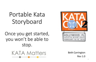 Portable  Kata  
Storyboard  
  
Once  you  get  started,  
you  won’t  be  able  to  
stop.
 	
  
	
  
Beth	
  Carrington	
  
Rev	
  1.0	
  
1	
  
 