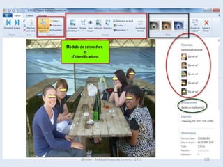 Ouvrir un logiciel avec W 8
• Certaines applications ont leur tuile sur l'écran
  Démarrer.
• Pour les lancer, il suffit de cliquer sur la tuile
  correspondante.
• À tout moment vous pouvez revenir à l’écran
  Démarrer en cliquant en bas à gauche de l’écran ou
  en appuyant sur la touche Windows




07/02/2013          @telier - Médiathèque de Lorient - 2013   103
 