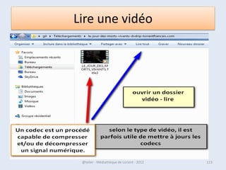 WIFI
• Il existe plusieurs normes de WiFi :
• - 802.11a : norme pour les réseaux locaux utilisant comme
  fréquence le 5 Ghz pour des transferts jusqu´à 54 Mbps.
• - 802.11b : autre norme pour les réseaux locaux, utilisant le
  2,4 Ghz avec une bande passante maximale de 11 Mbps.
• - 802.11g : norme la plus aboutie pour les réseaux
  étendus, exploite le 2,4 Ghz avec des débits maximums de
  54 Mbps.
  Elle est amenée à remplacer les deux normes précédentes.
• Contrairement à un réseau filaire, la bande passante varie
  avec les distances. Plus le périmètre est restreint, plus les
  performances sont optimales.
  La nature des murs, parois et plafonds joue énormément
  sur la qualité et la performance du réseau.
07/02/2013           @telier - Médiathèque de Lorient - 2013   113
 
