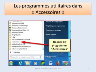 La connexion WIFI

                                                    1 : icône Wifi activé


                                                    2 : icône de DropBox.
                                                     Application de stockage en
                                                    ligne de fichiers, multi-
                                                    plateforme
                                                    (Windows, Mac, Linux, iPhone, i
                                                    Pad, Android, Blackberry), gratu
                                                    ite, facile à utiliser, accessible
                                                    depuis n'importe quel
                                                    navigateur Web.




07/02/2013      @telier - Médiathèque de Lorient - 2013                           117
 