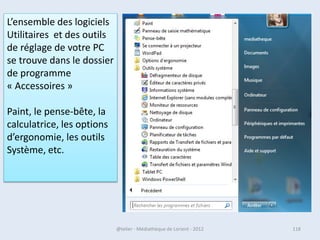 La connexion WIFI

                                                    1 : nom du réseau Wifi
                                                    connecté


                                                    2 : réseaux Wifi disponibles




07/02/2013      @telier - Médiathèque de Lorient - 2013                            118
 