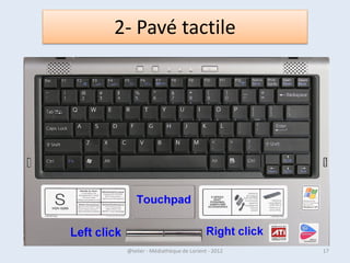Système d’exploitation
• Les deux familles de
  systèmes
  d'exploitation les
  plus populaires sont
  la famille Unix (dont
  Mac OS X et Linux) et
  la famille
  Windows, celle-ci
  détenant un quasi-
  monopole sur les
  ordinateurs
  personnels, avec
  près de 90 % de part
  de marché.
07/02/2013        @telier - Médiathèque de Lorient - 2013   17
 