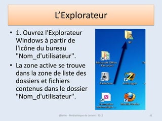 L'écran Démarrer




             Les tuiles

             Ces carrés et rectangles aux couleurs vives s’appellent les tuiles (ou
             vignettes).
             Les tuiles représentent certaines des applications présentes sur votre
             ordinateur.
07/02/2013                      @telier - Médiathèque de Lorient - 2013               41
 